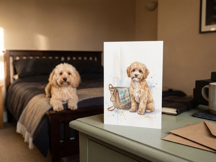 The "Welcome Home" card on a dresser with an apricot Maltipoo on the bed behind