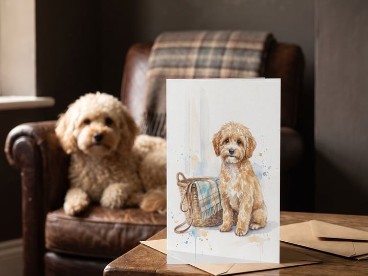 The "Welcome Home" card on a side table with an apricot Maltipoo curled in the chair behind
