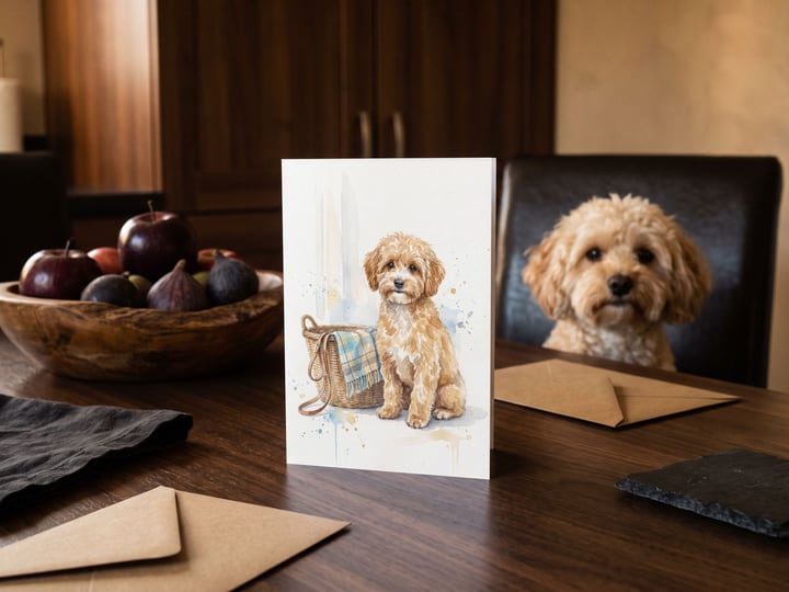 The "Welcome Home" card on a kitchen table with an apricot Maltipoo on a chair behind