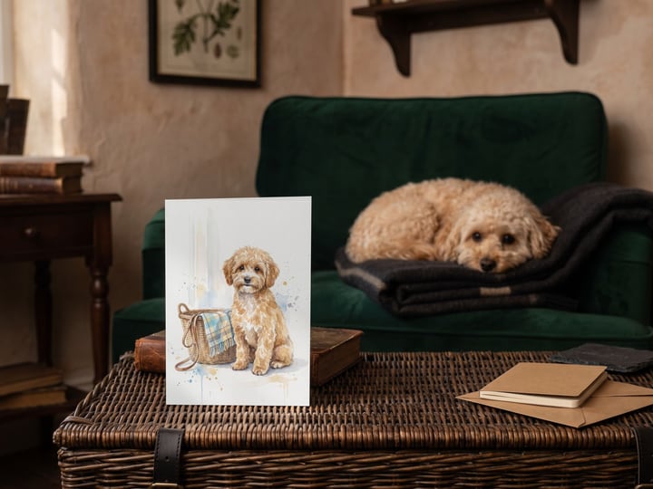 The "Welcome Home" card on a rattan trunk with an apricot Maltipoo in the armchair behind