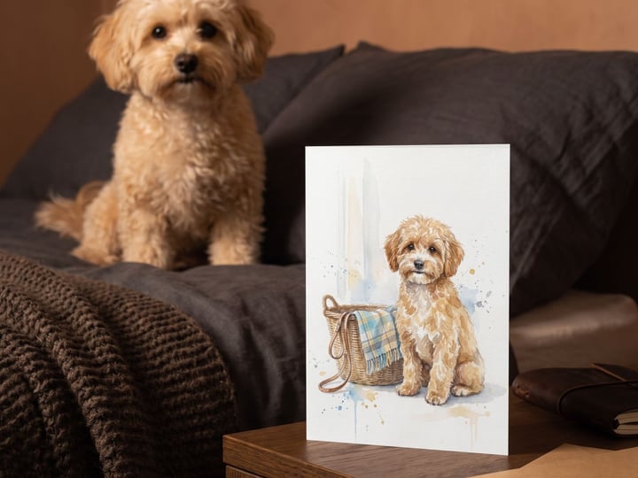 The "Welcome Home" card on a bedside table with an apricot Maltipoo on the pillow behind