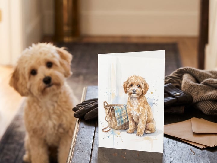The "Welcome Home" card on an entry console with an apricot Maltipoo on the runner behind