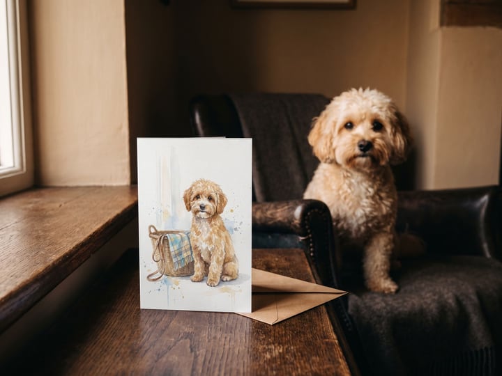 The "Welcome Home" card on a ledge with an apricot Maltipoo in the armchair behind