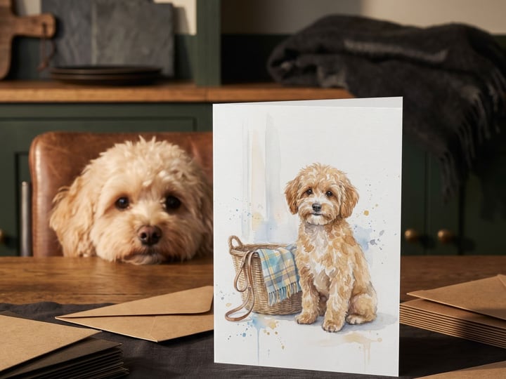 The "Welcome Home" card on a kitchen table with an apricot Maltipoo peering over the table behind