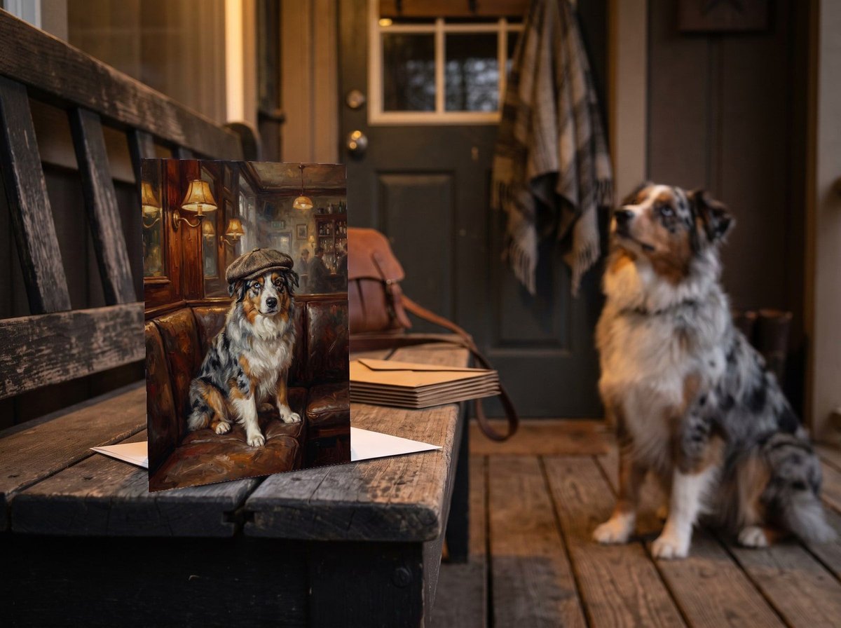 The "Golden Hour" card on a porch bench with a blue merle Australian Shepherd sitting beside it
