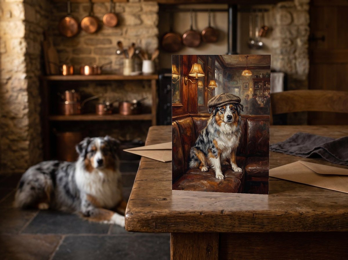 The "Golden Hour" card on a farmhouse table with a blue merle Australian Shepherd on the flagstones behind