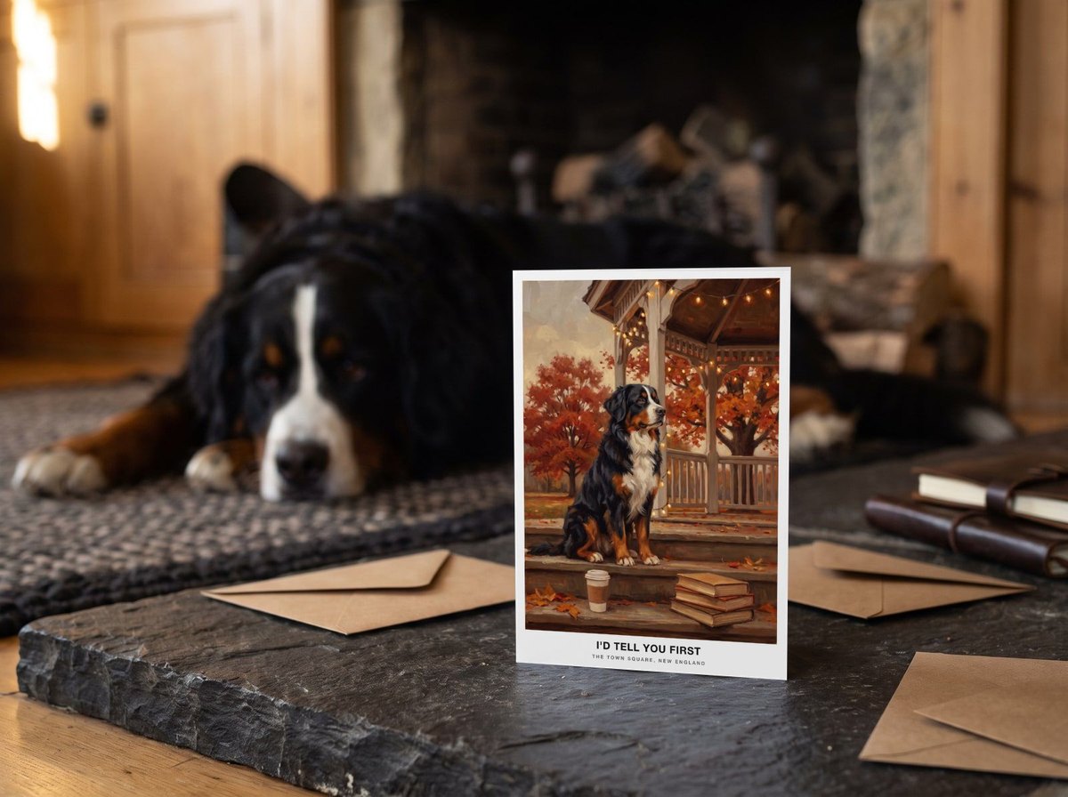 The "The Town Square" card on a stone hearth with a Bernese Mountain Dog lying on the rug behind