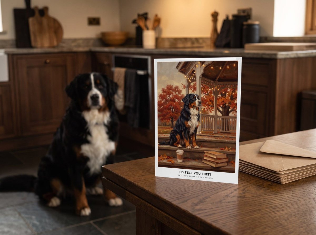 The "The Town Square" card on a kitchen table with a Bernese Mountain Dog sitting on the floor behind