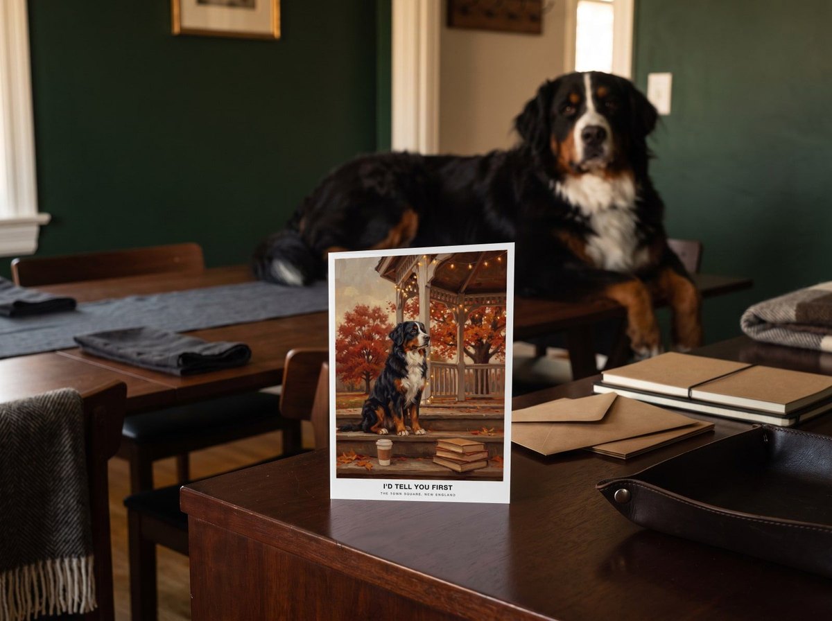 The "The Town Square" card on a sideboard with a Bernese Mountain Dog lying in the doorway behind