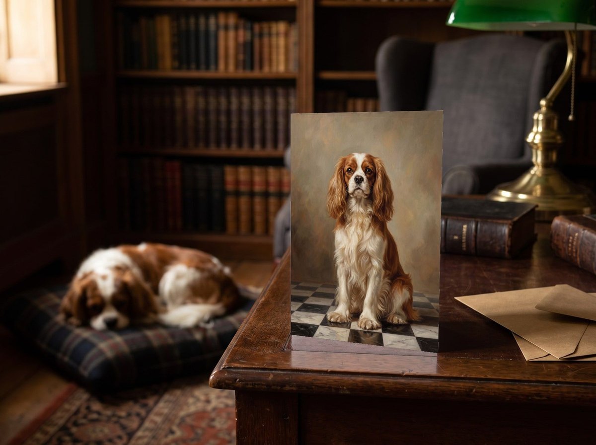 The "The Aristocrat" card on a mahogany desk with a Cavalier King Charles Spaniel on a cushion behind