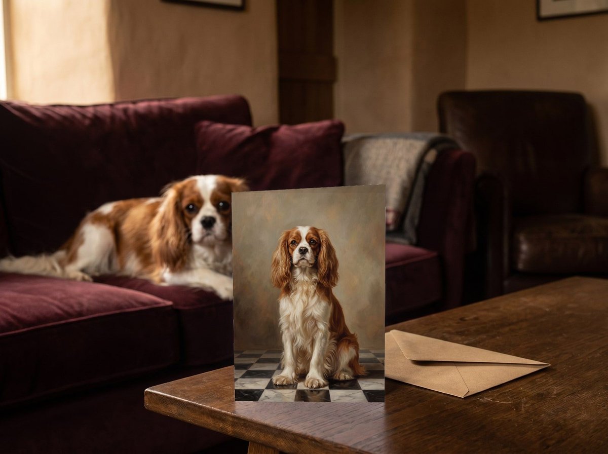 The "The Aristocrat" card on a low table with a Cavalier King Charles Spaniel on the velvet sofa behind