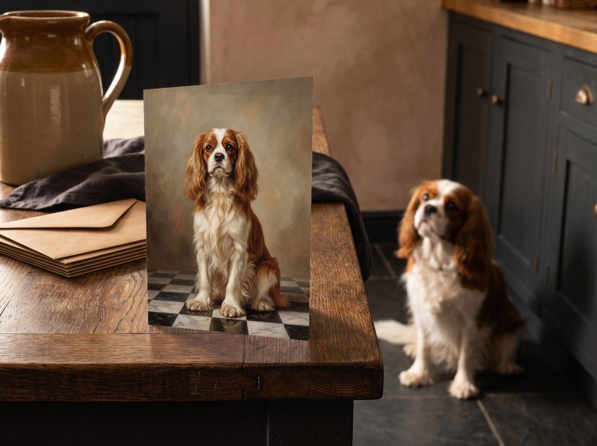 The "The Aristocrat" card on a kitchen counter with a Cavalier King Charles Spaniel on the floor behind