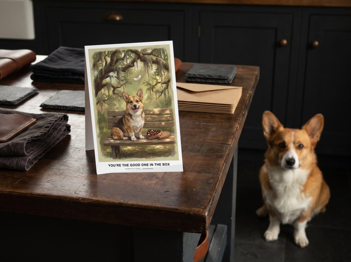 The "The Bench in Savannah" card on a kitchen island with a Pembroke Welsh Corgi sitting on the floor behind