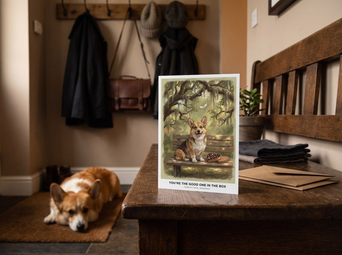 The "The Bench in Savannah" card on an entry bench with a Pembroke Welsh Corgi lying on the doormat behind