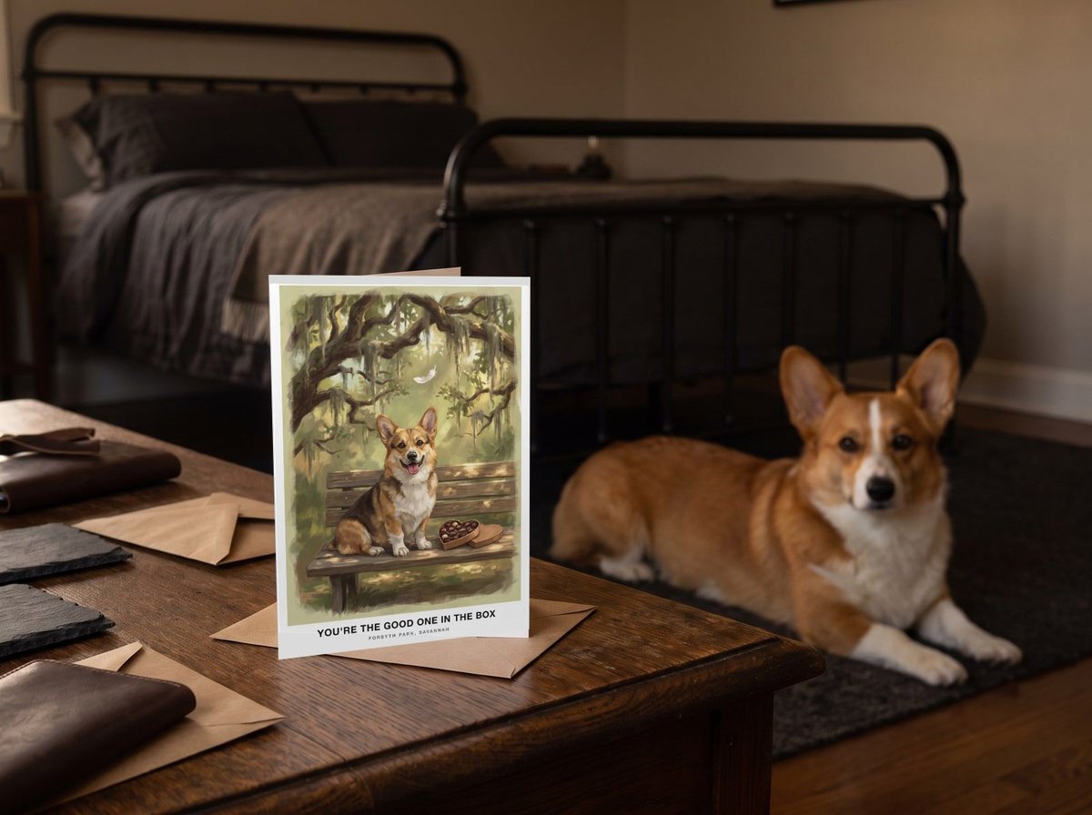 The "The Bench in Savannah" card on a dresser with a Pembroke Welsh Corgi at the foot of the bed behind