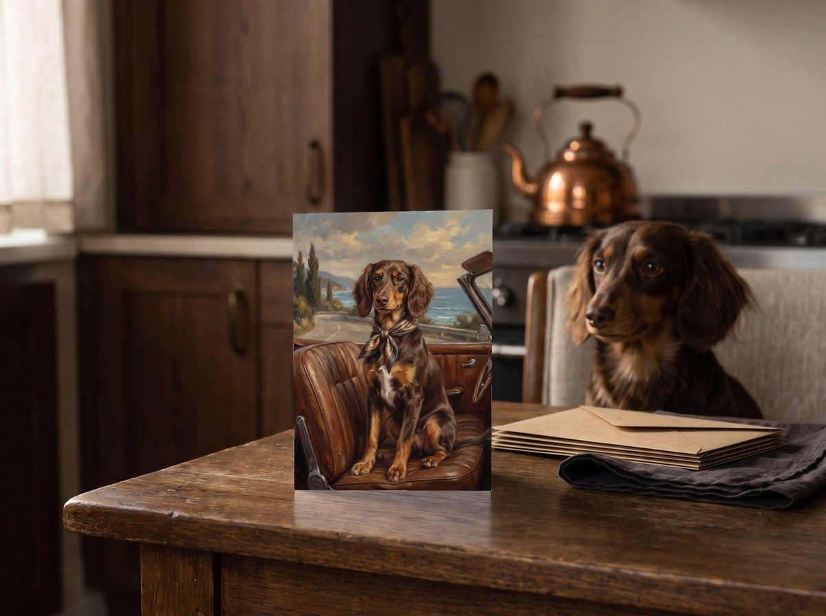The "Riding Shotgun" card on a kitchen table with a long-haired Dachshund on a chair behind