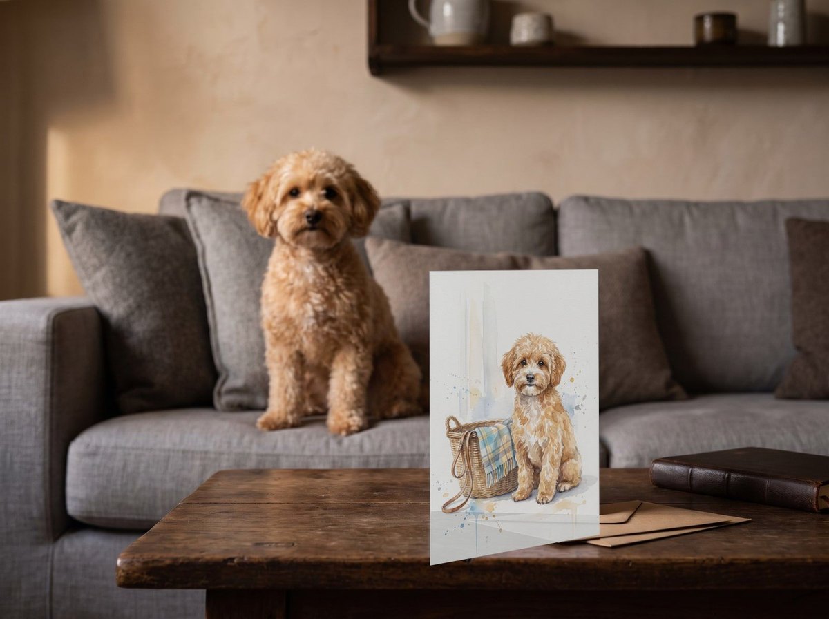 The "Welcome Home" card on a coffee table with an apricot Maltipoo on the sofa behind