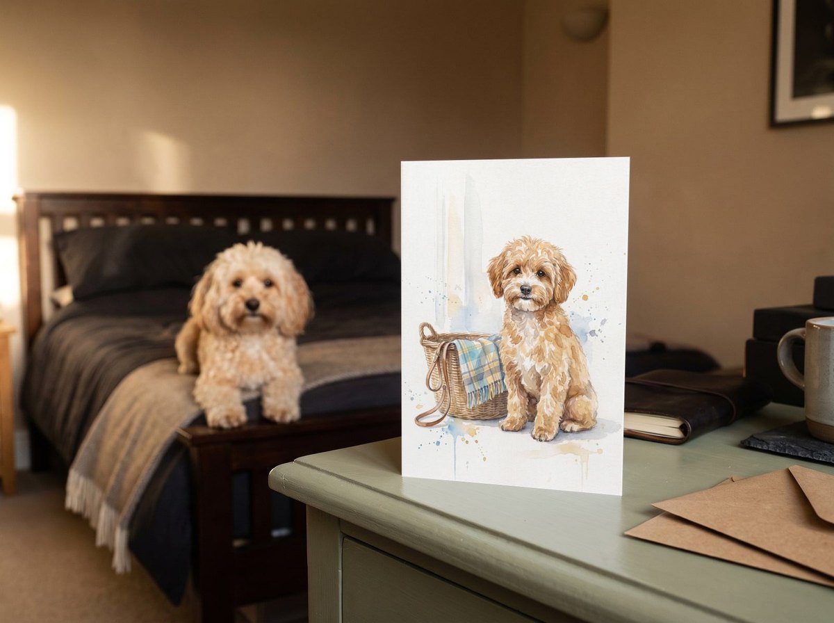 The "Welcome Home" card on a dresser with an apricot Maltipoo on the bed behind