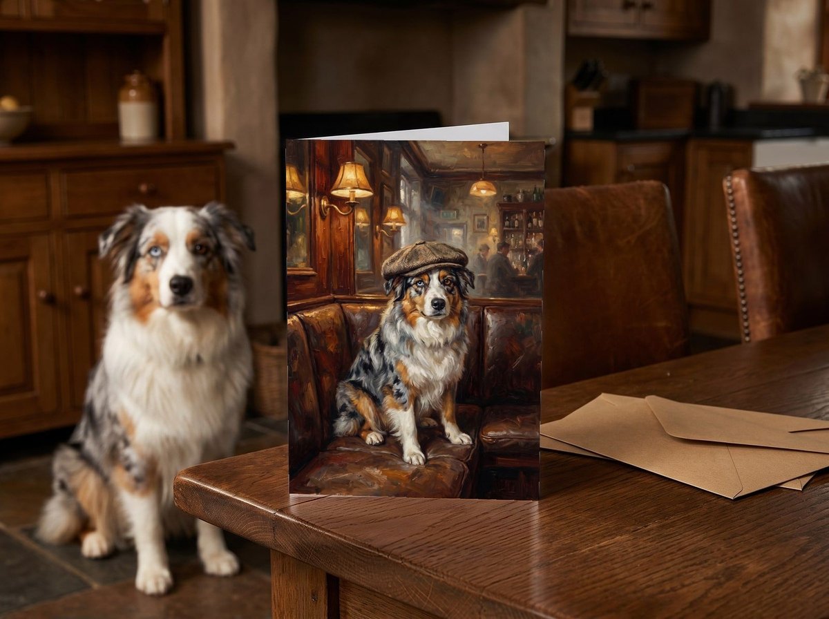 The "Golden Hour" card standing on a dark oak kitchen table with an Australian Shepherd sitting behind it