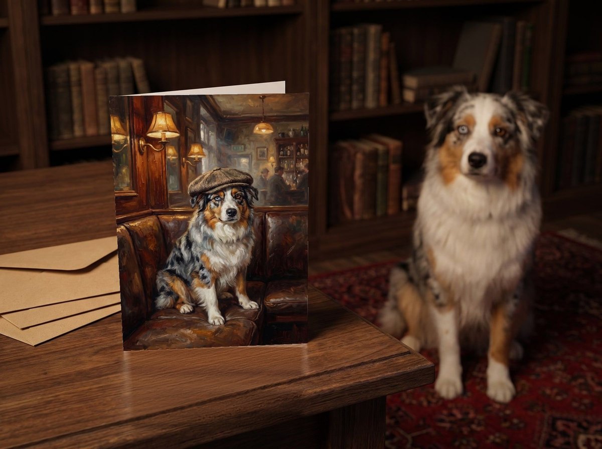 The "Golden Hour" card standing on a dark walnut desk in a study with an Australian Shepherd sitting behind it