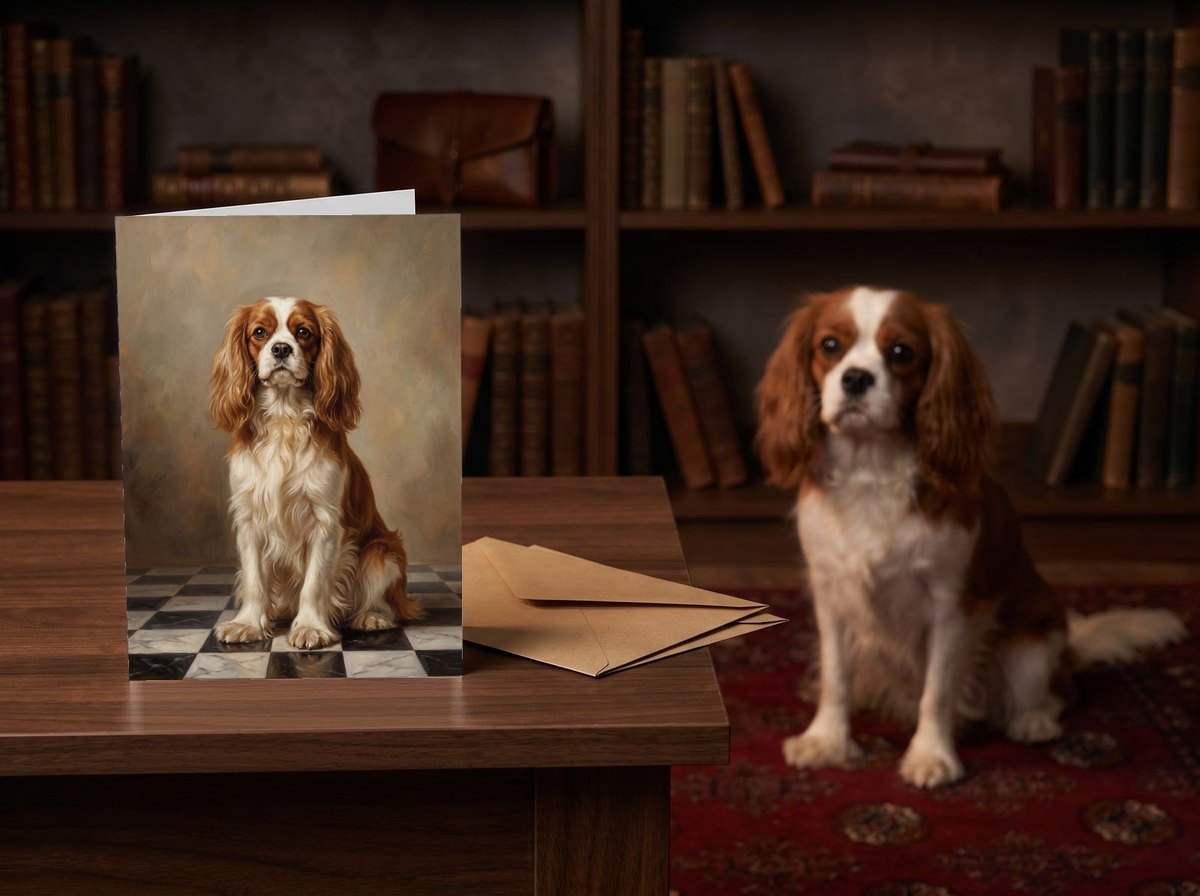 The "The Aristocrat" card standing on a dark walnut desk in a study with a Cavalier King Charles Spaniel sitting behind it