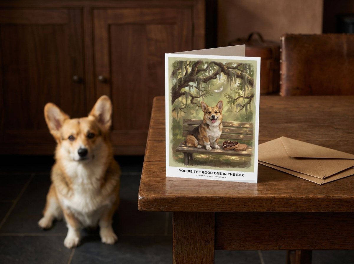The "The Bench in Savannah" card standing on a dark oak kitchen table with a Corgi sitting behind it