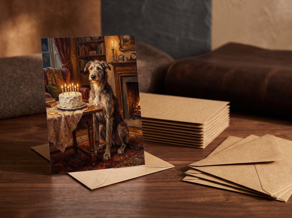 A card standing upright — in front of a stack of matching cards and fanned envelopes