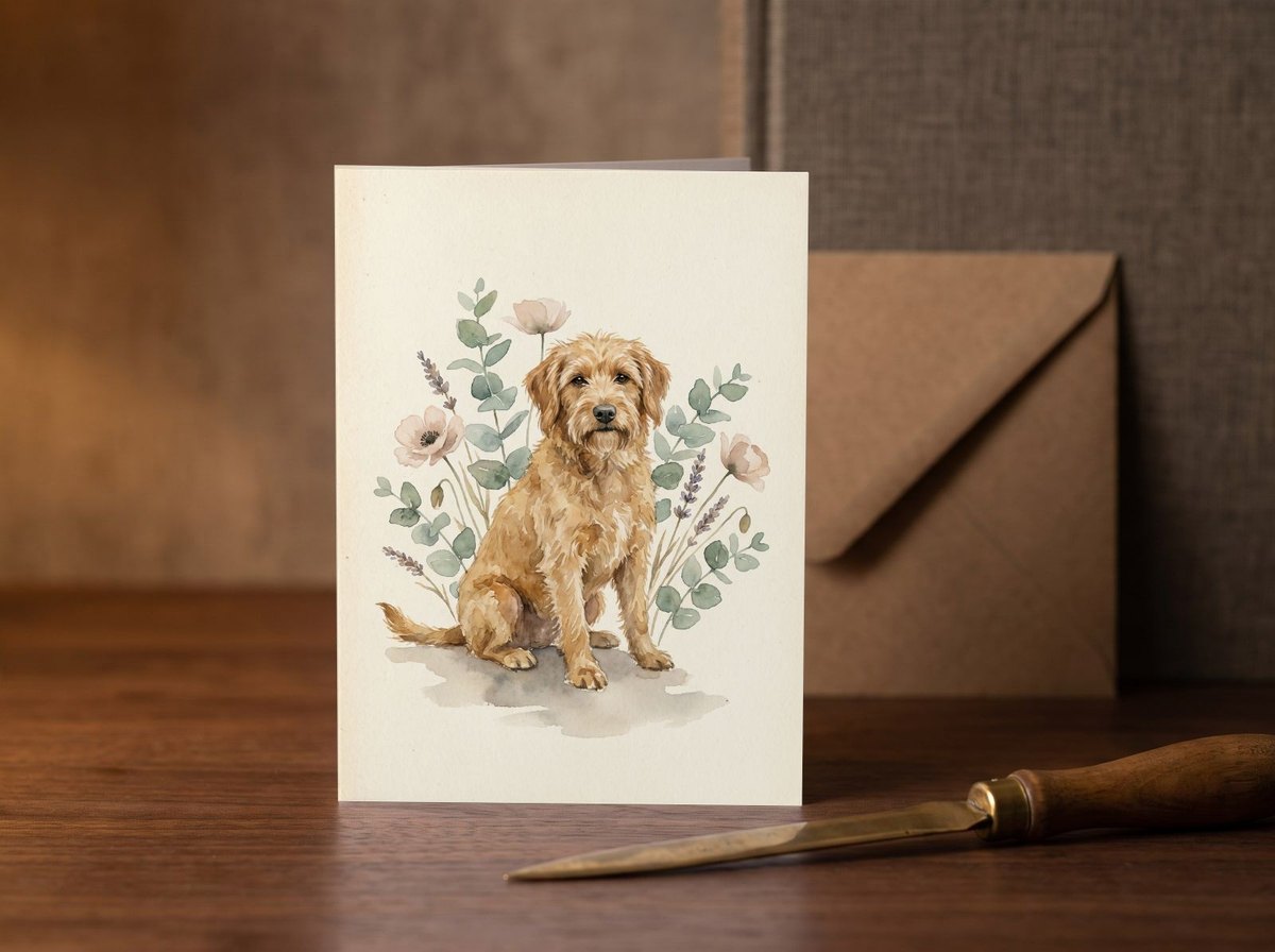 A card standing upright — on a walnut desk with one envelope leaning behind it