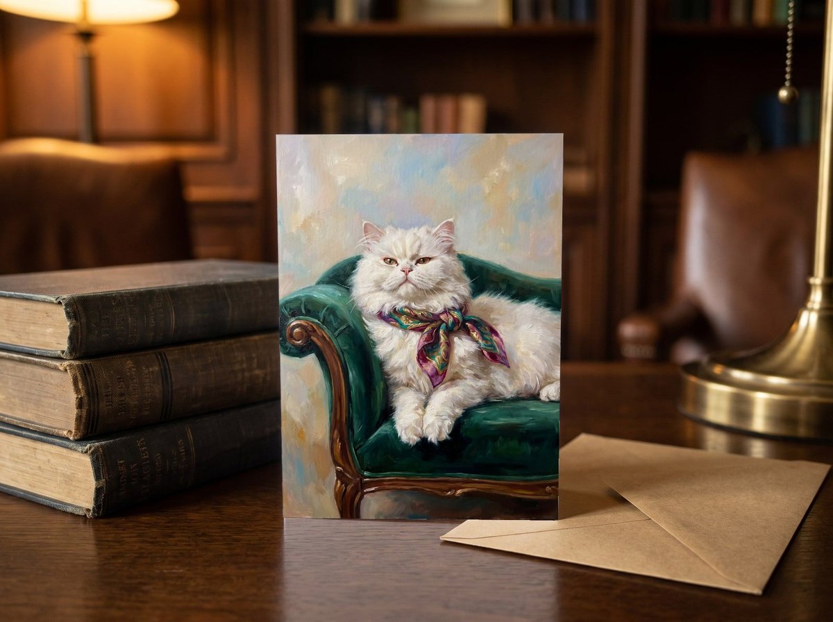 A card standing upright — on a library desk between old books and an envelope