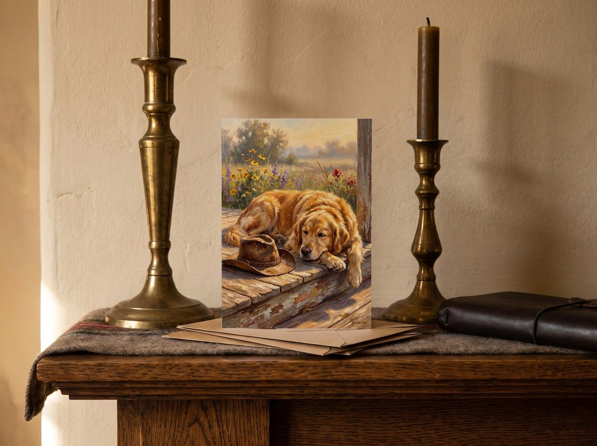 A card standing upright — on a mantel between brass candlesticks