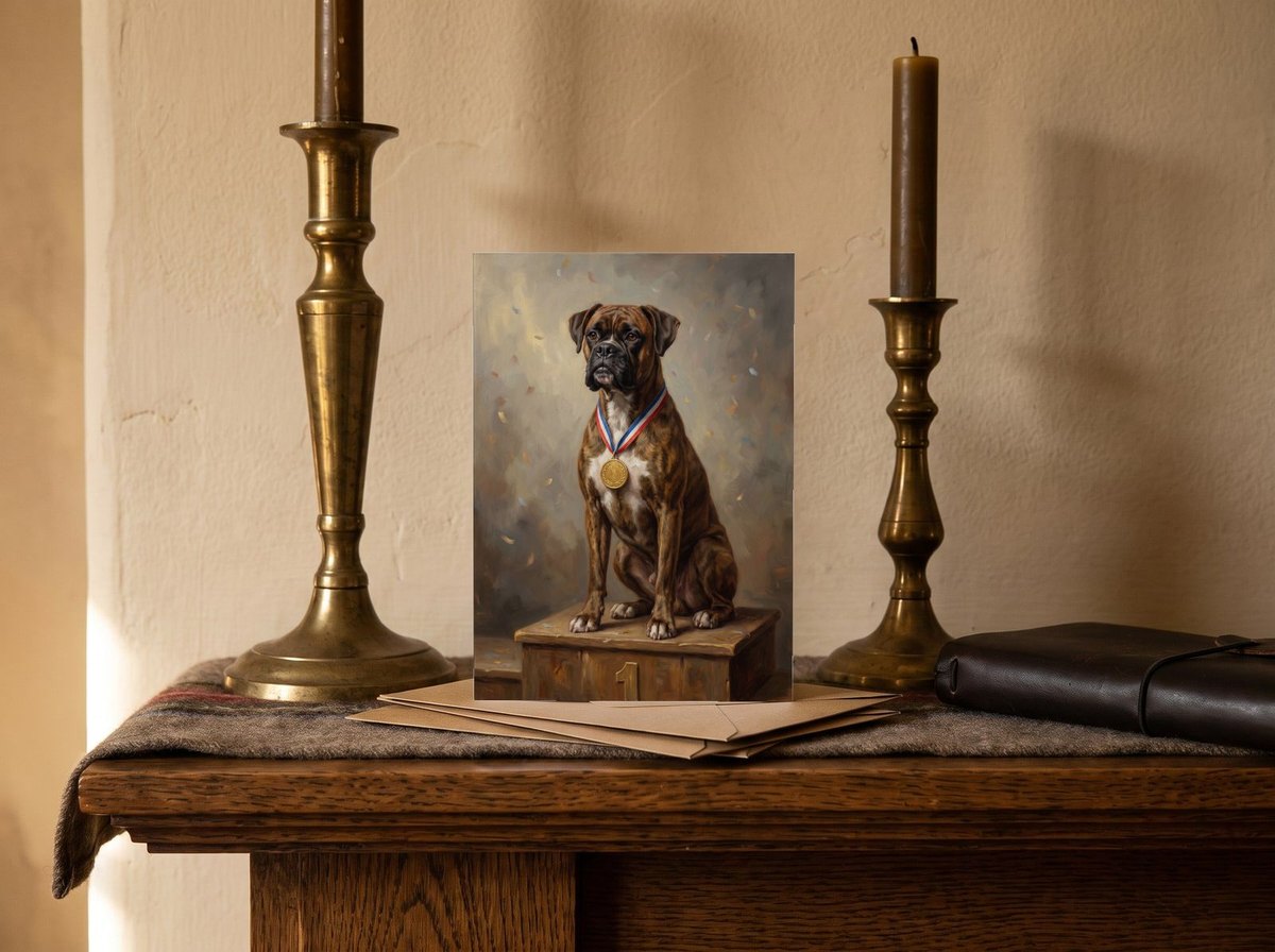 A card standing upright — on a mantel between brass candlesticks
