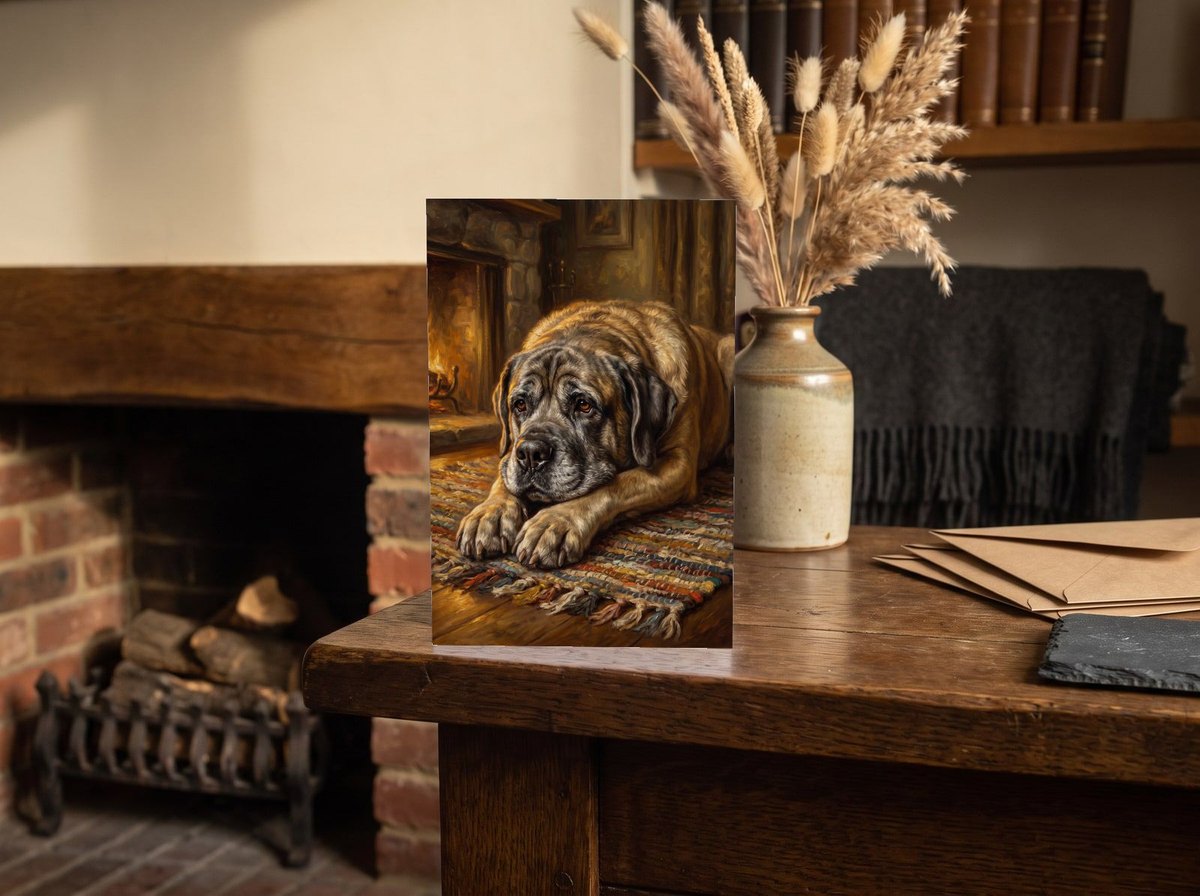 A card standing upright — on an oak mantel beside a vase of dried grasses