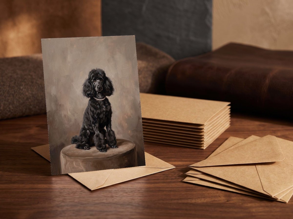 A card standing upright — in front of a stack of matching cards and fanned envelopes