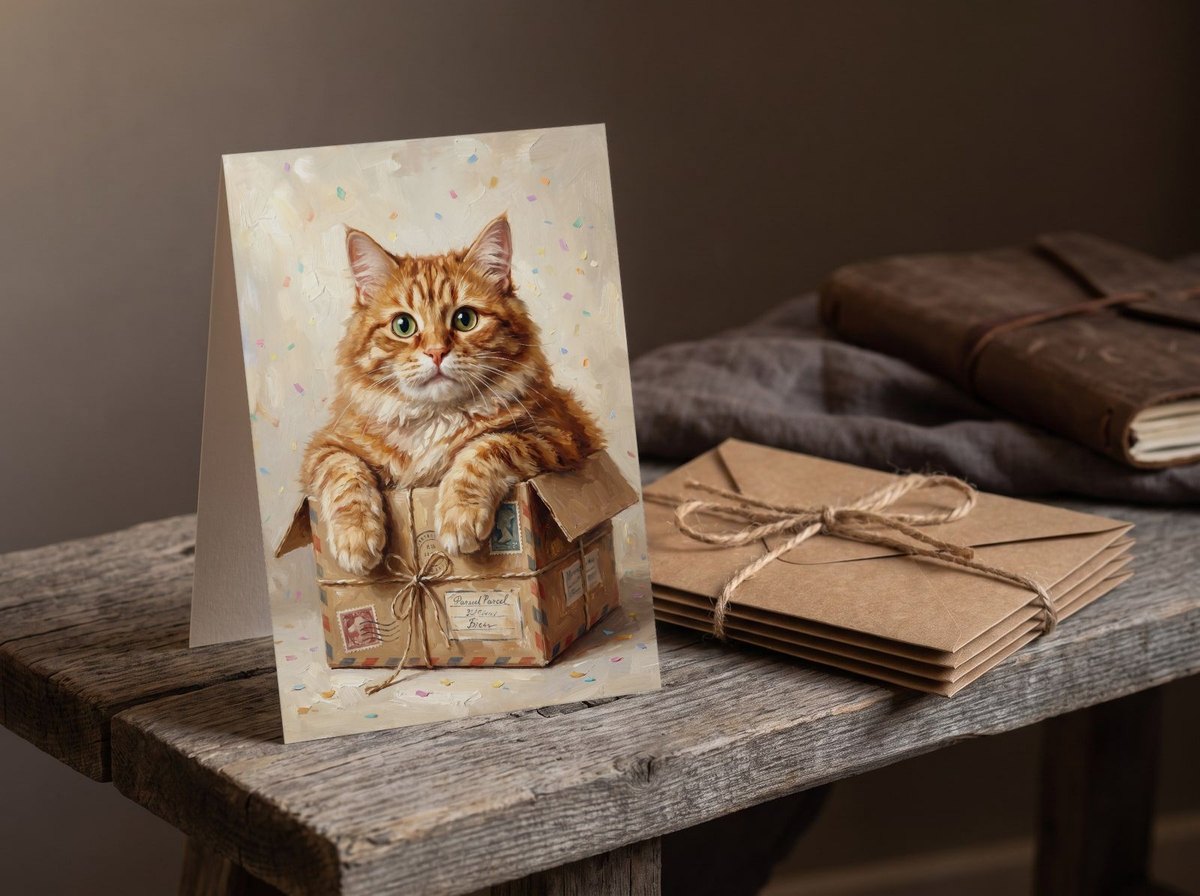A card standing upright — beside a twine-tied bundle of kraft envelopes on a bench