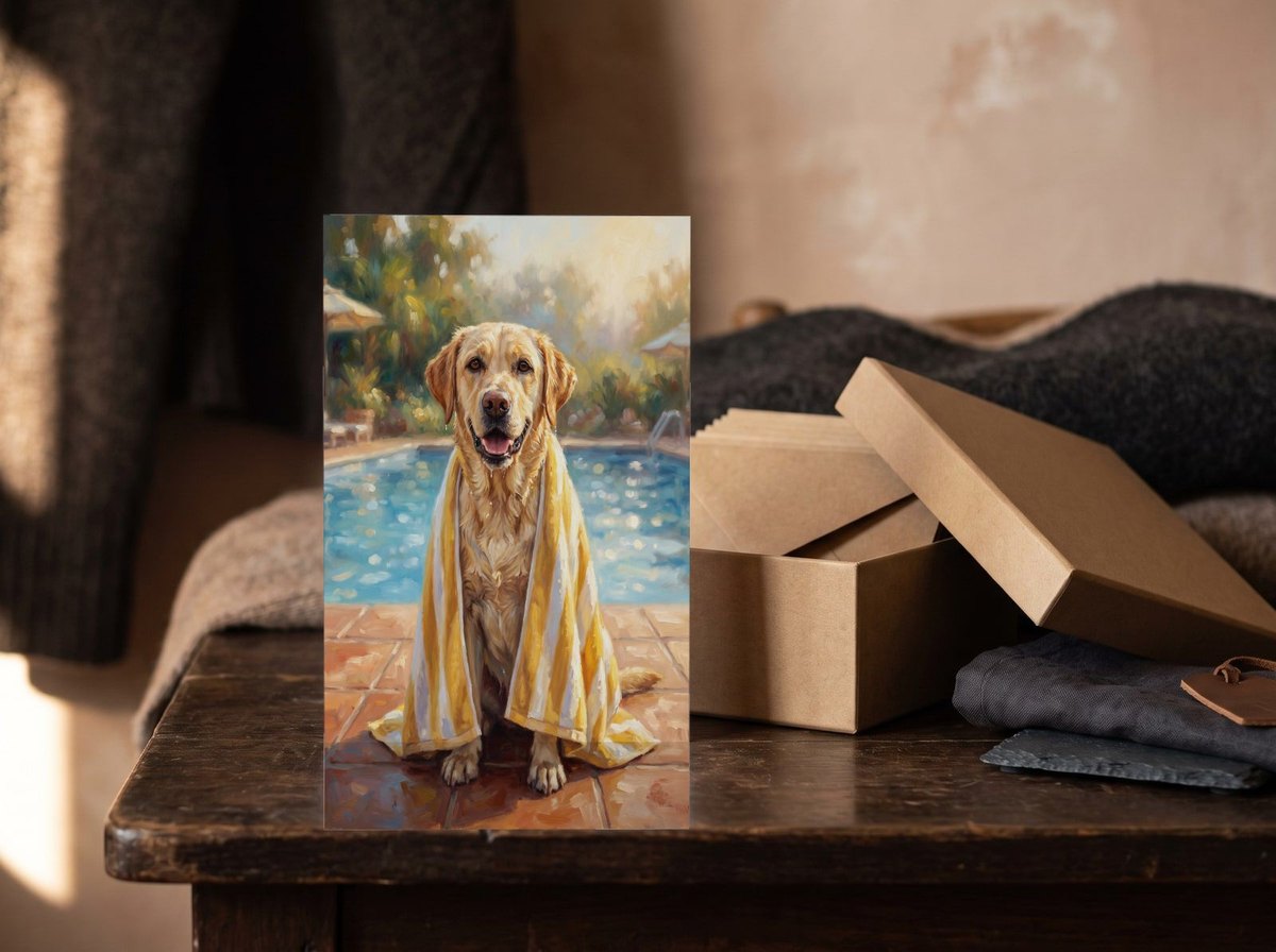 A card standing upright — in front of an open kraft box of envelopes