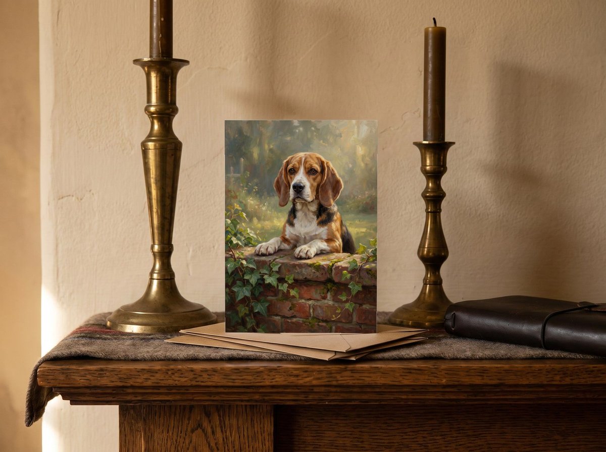 A card standing upright — on a mantel between brass candlesticks