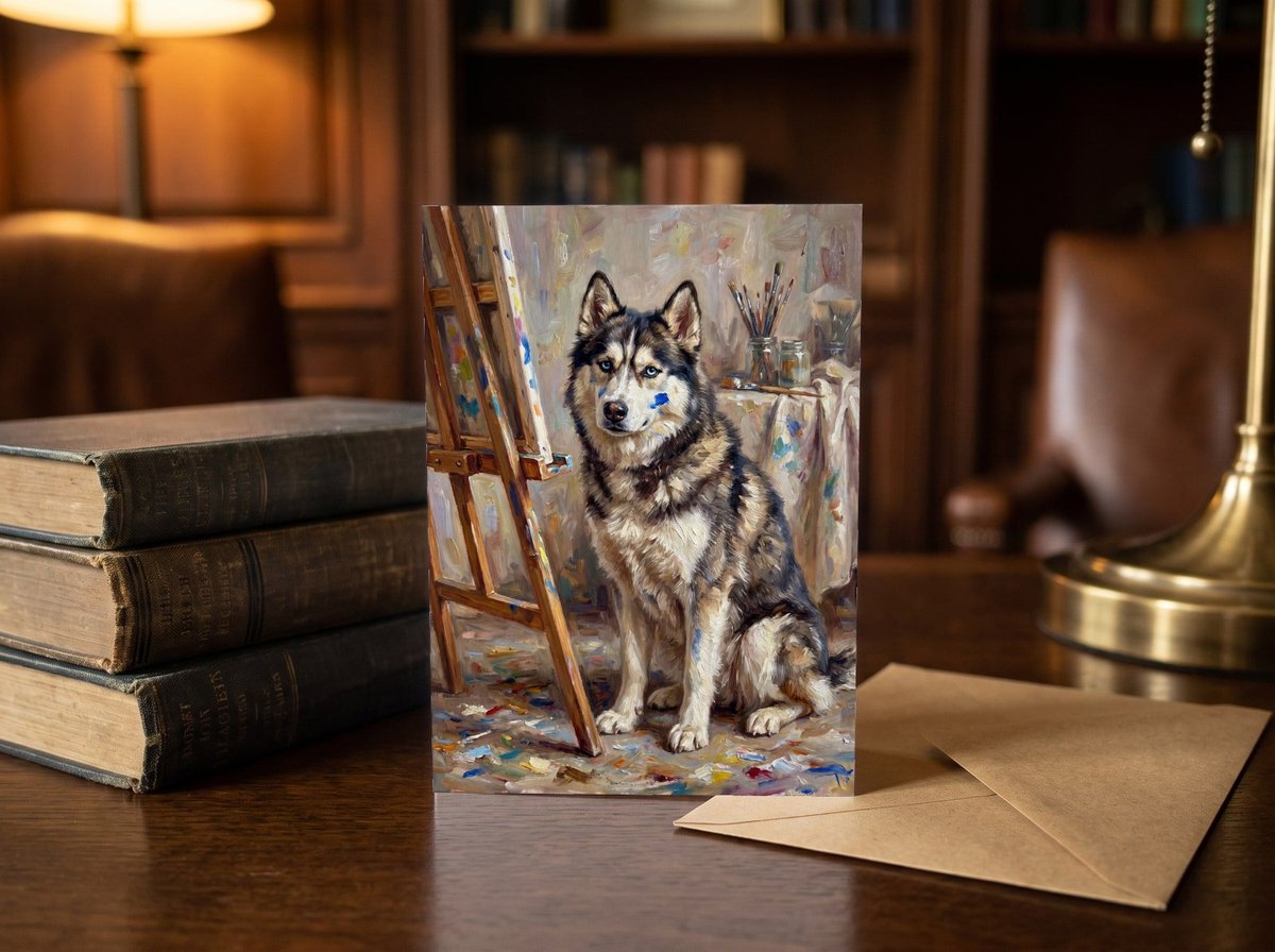 A card standing upright — on a library desk between old books and an envelope