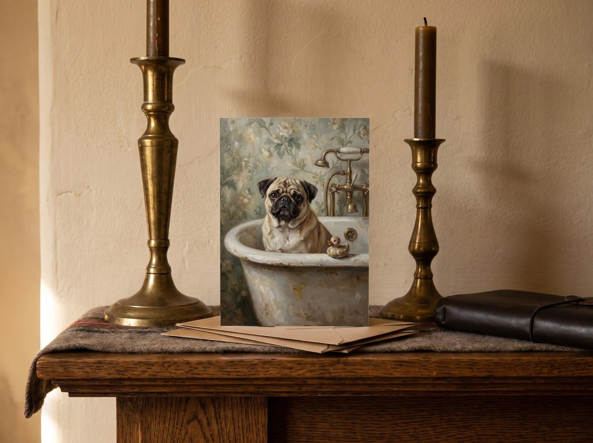 A card standing upright — on a mantel between brass candlesticks