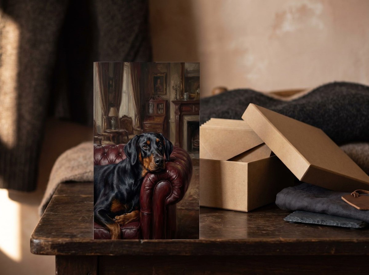 A card standing upright — in front of an open kraft box of envelopes