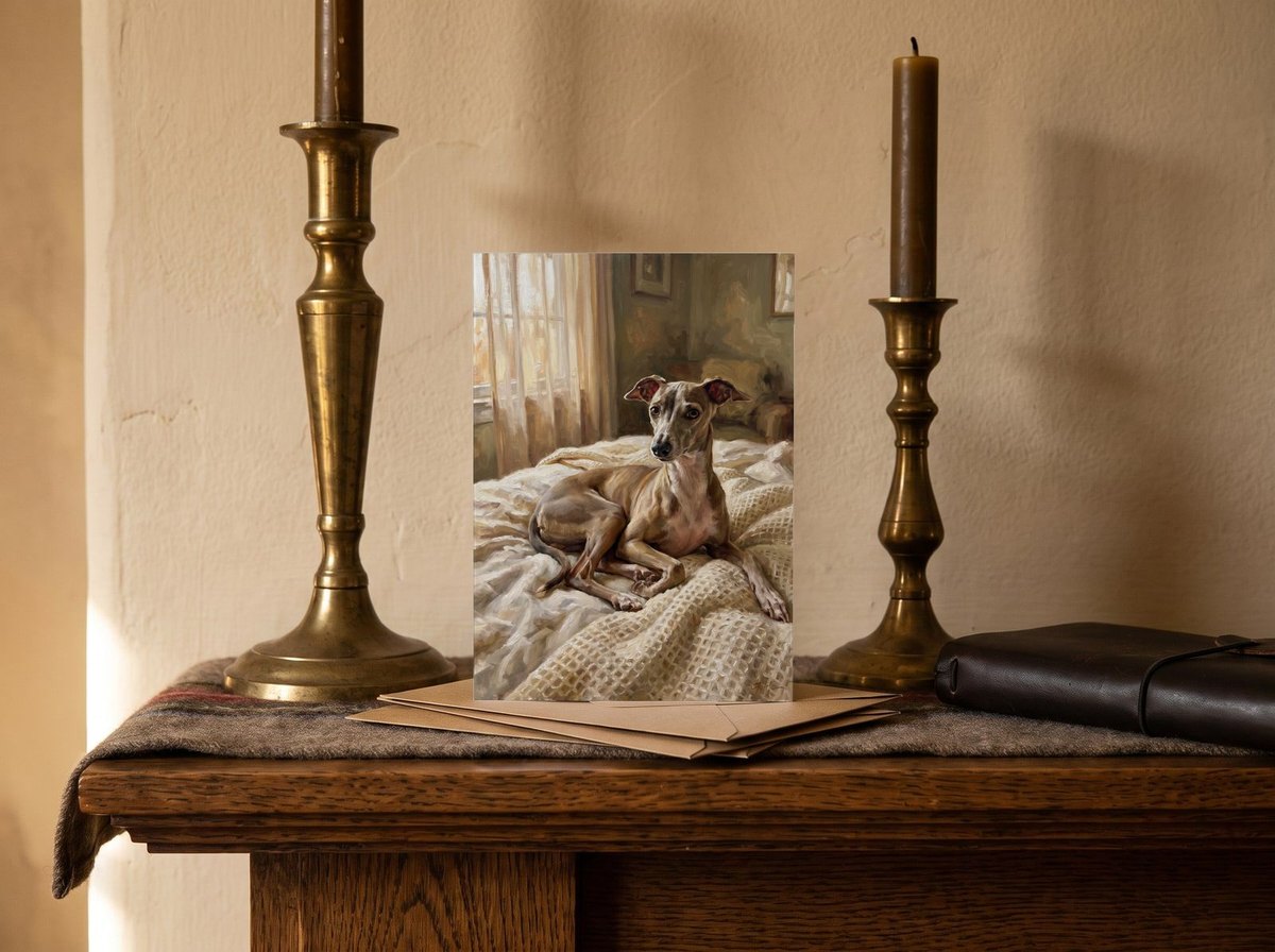 A card standing upright — on a mantel between brass candlesticks