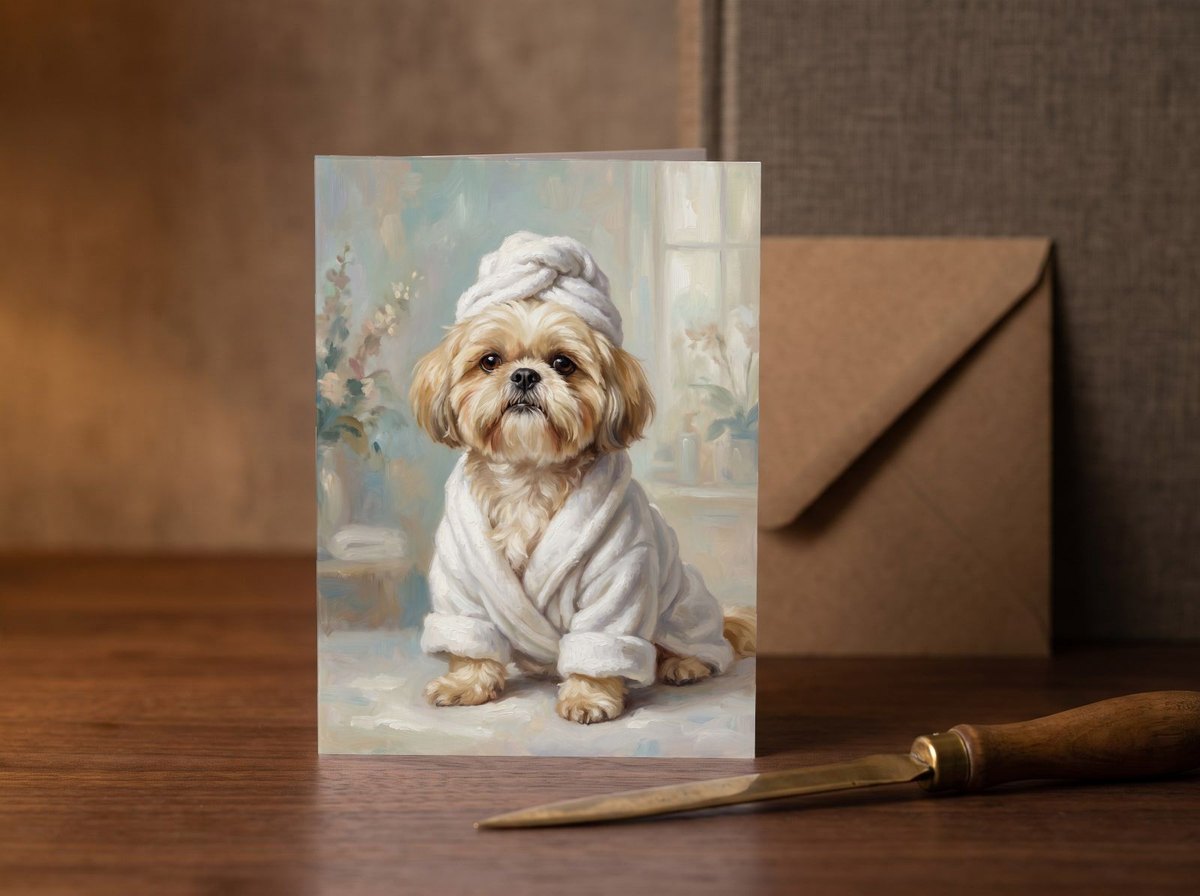 A card standing upright — on a walnut desk with one envelope leaning behind it