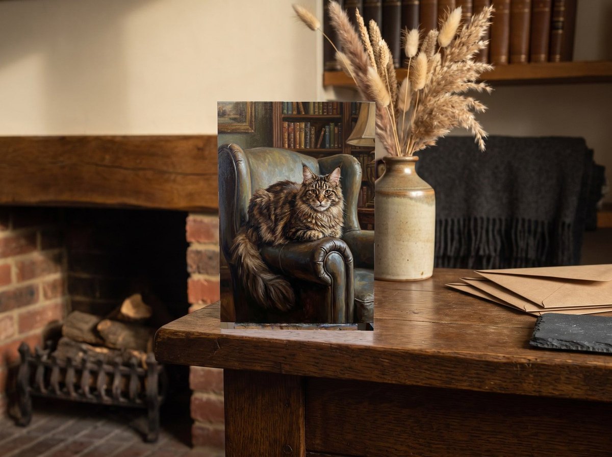 A card standing upright — on an oak mantel beside a vase of dried grasses