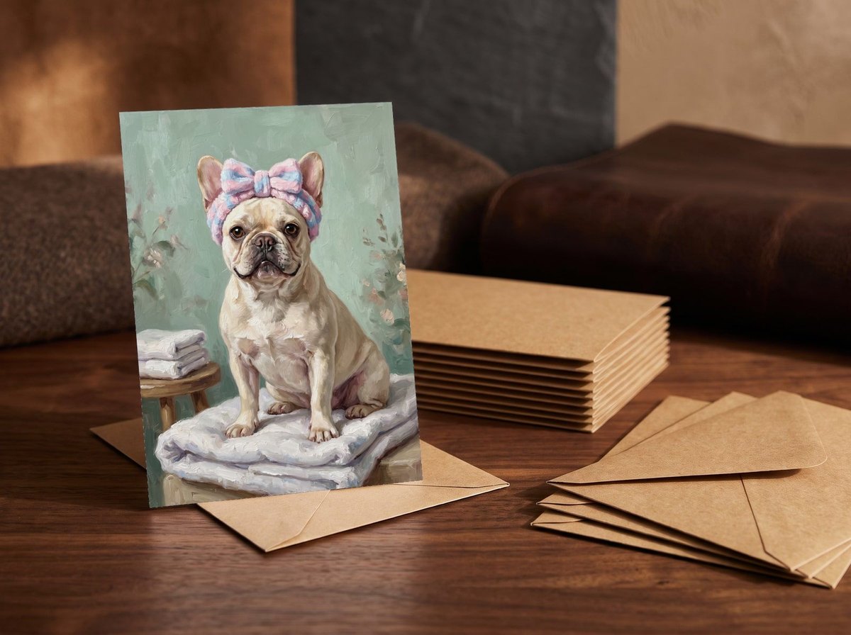 A card standing upright — in front of a stack of matching cards and fanned envelopes