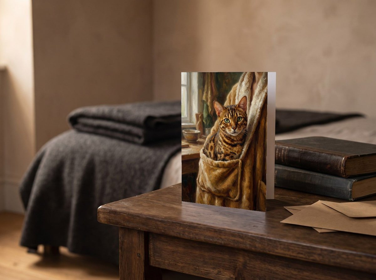 A card standing upright — on a bedside table beside two books