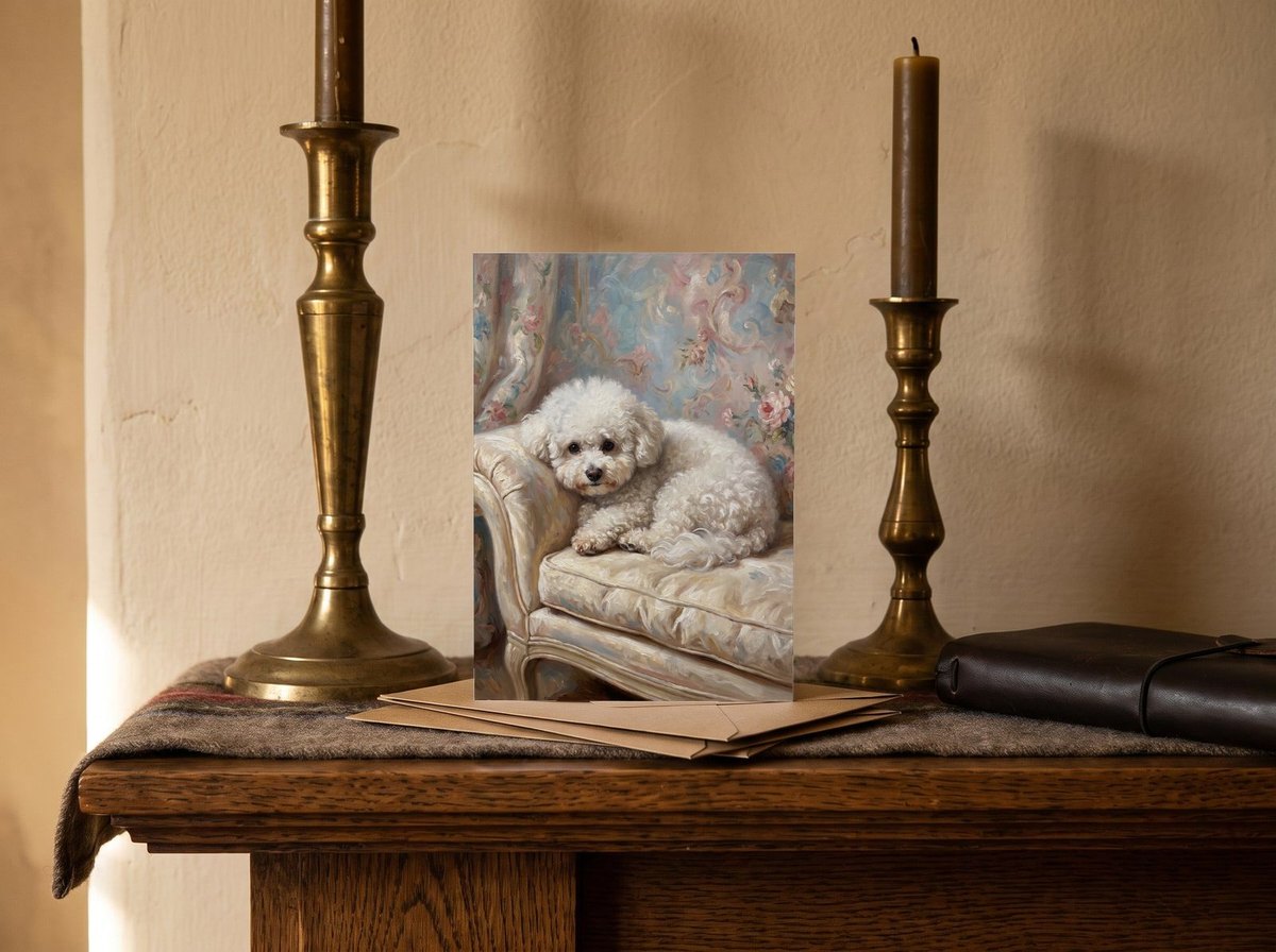 A card standing upright — on a mantel between brass candlesticks