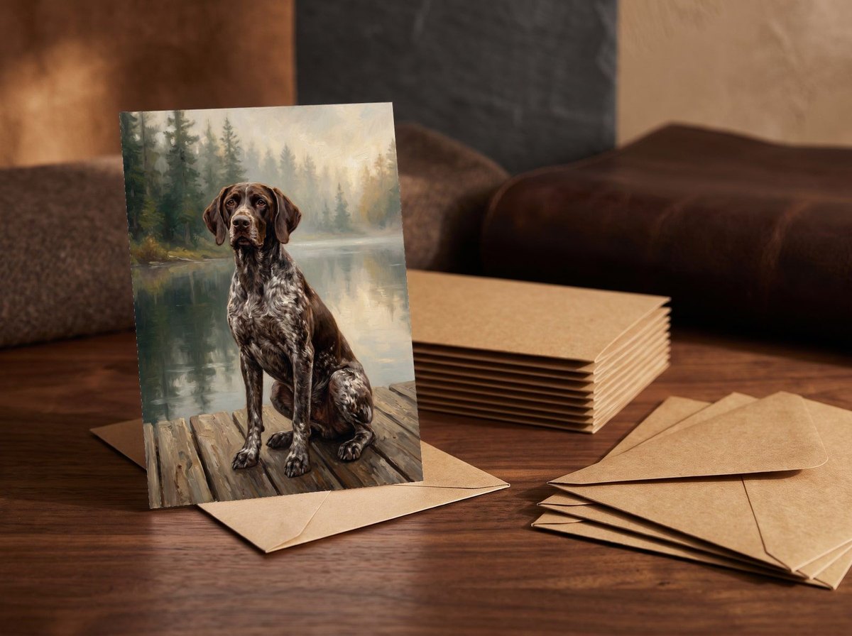 A card standing upright — in front of a stack of matching cards and fanned envelopes