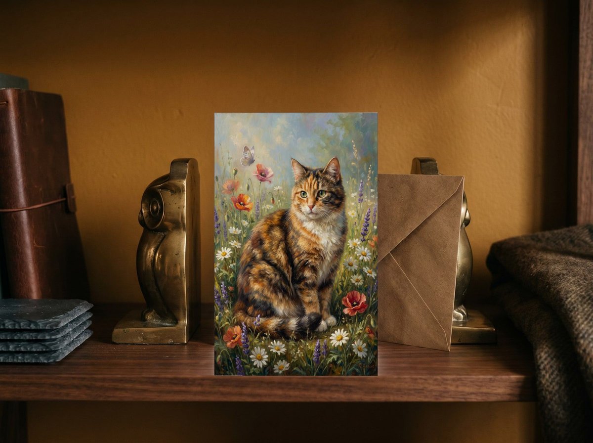 A card standing upright — between brass bookends with an envelope