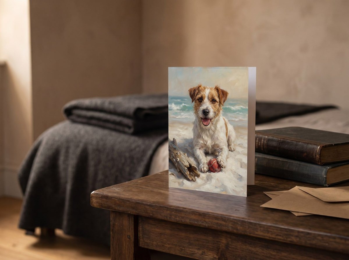 A card standing upright — on a bedside table beside two books