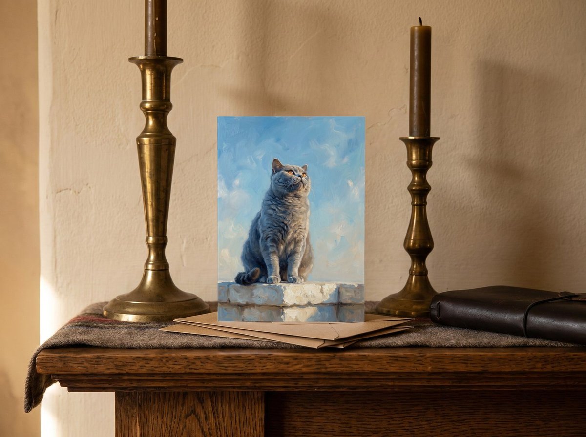 A card standing upright — on a mantel between brass candlesticks