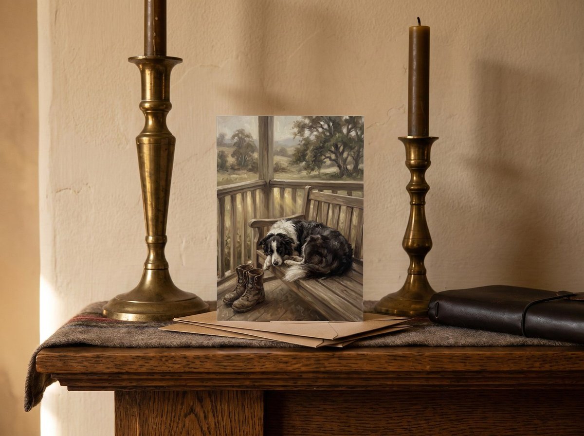 A card standing upright — on a mantel between brass candlesticks